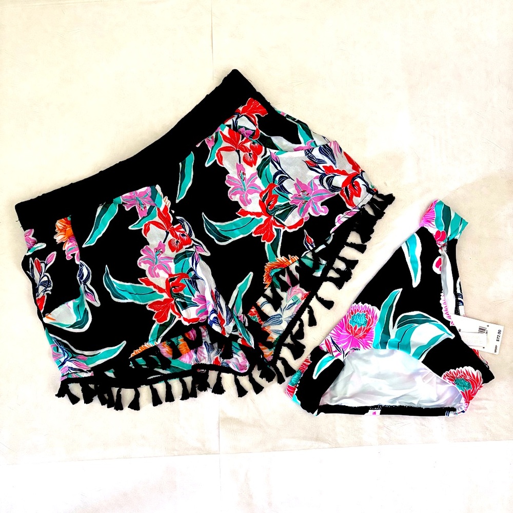 Trina Turk Nazare Swim Cover-Up Tassel Shorts & Bikini Bottom Tropical Sz 4/XS